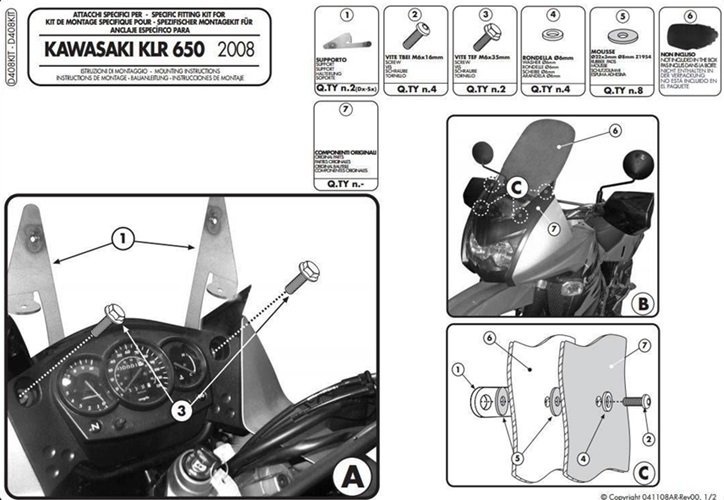 KAPPA KAWA SCREEN BRACKET KIT D408KITK - KLR650 ENDURO (07-21)
