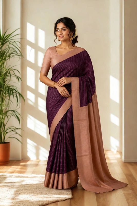 Art Silk Checked Saree Wine With Cream