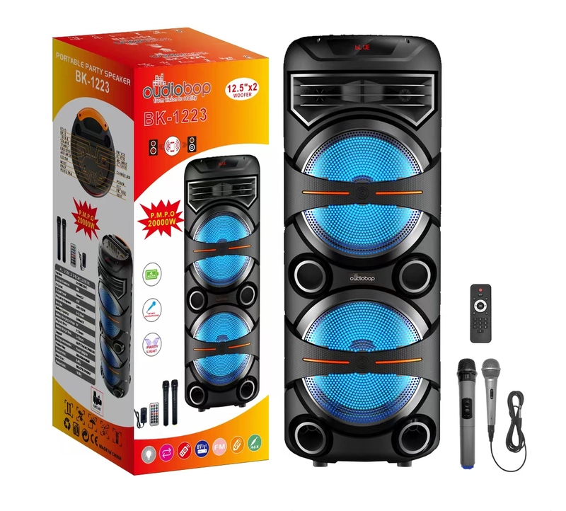 BK-1223 Portable Party Speaker with Dual 12.5” Woofers, LED Lights & Microphones