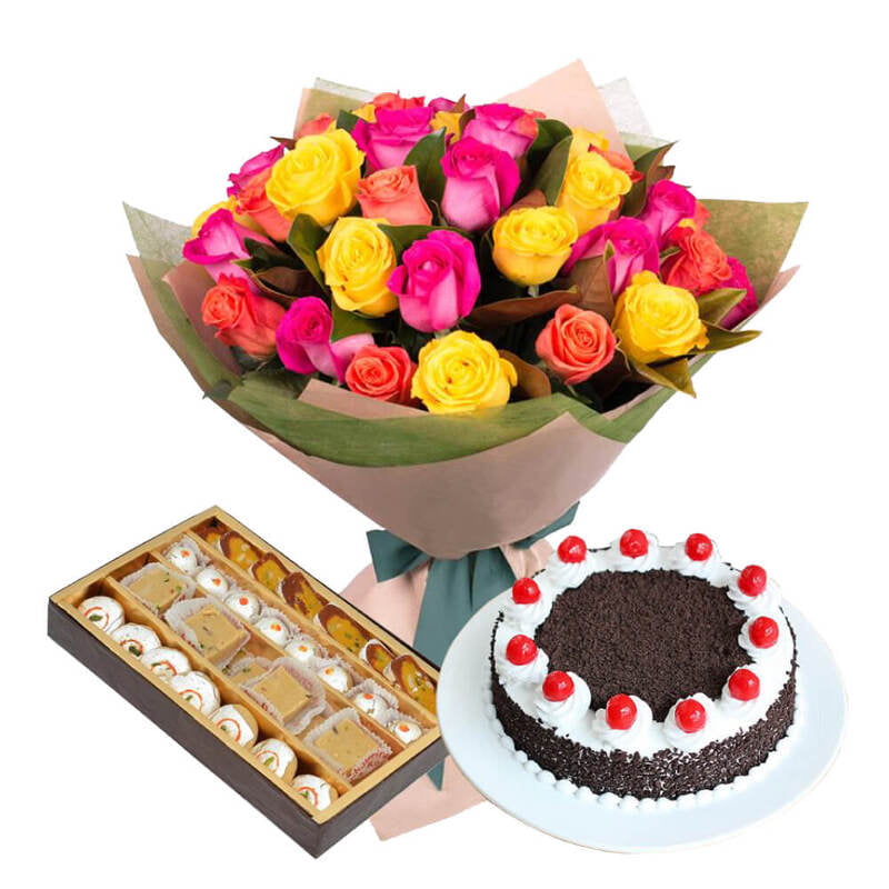 20 mixed Roses, 1 Kg Black forest cake and 1 Kg mixed sweets 20 mixed Roses, 1 Kg Black forest cake and 1 Kg mixed sweets