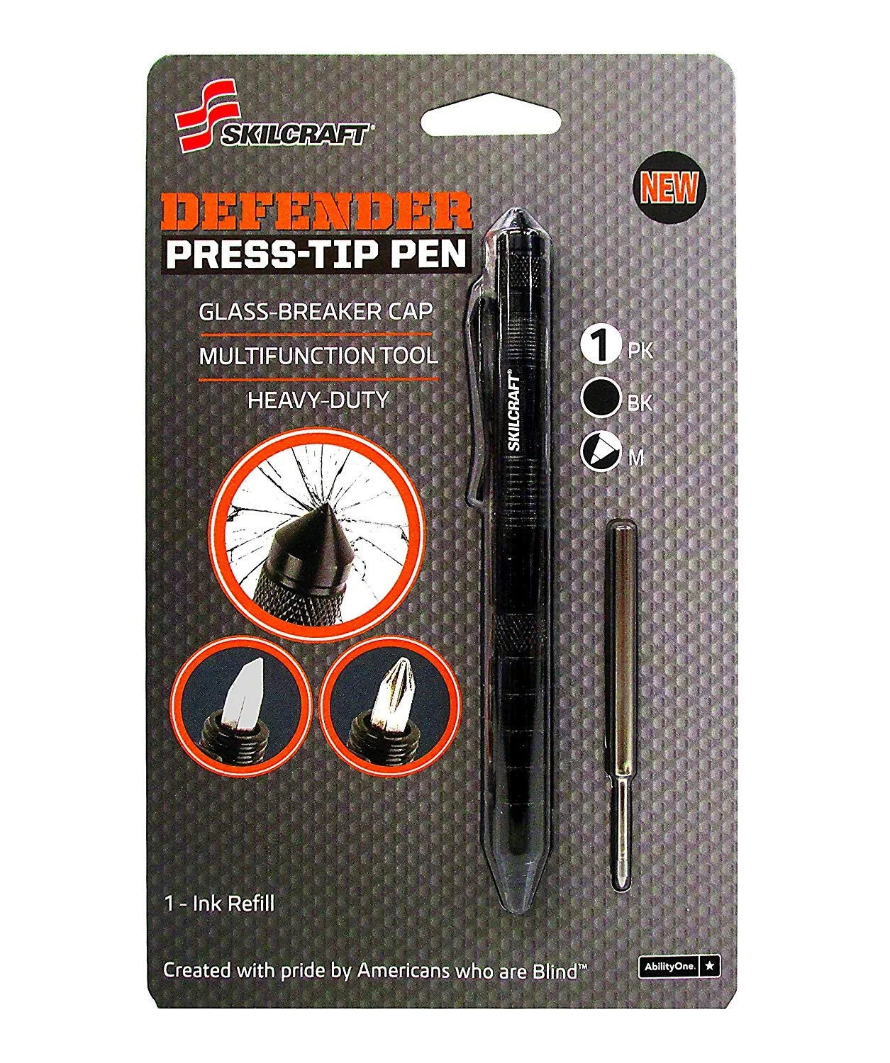 Defender TAC Press-Tip Pen, Ball Point, 1.0 mm, Black Barrel, Black Ink