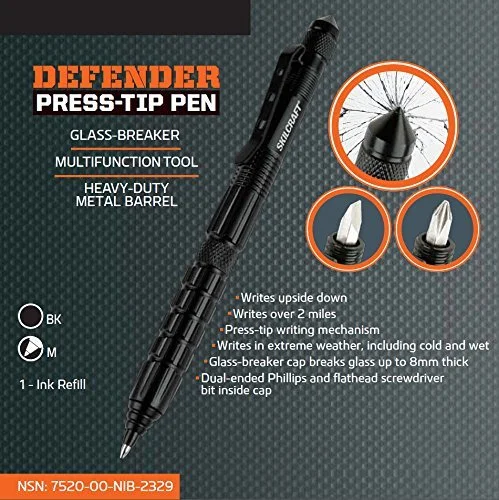 Defender TAC Press-Tip Pen, Ball Point, 1.0 mm, Black Barrel, Black Ink