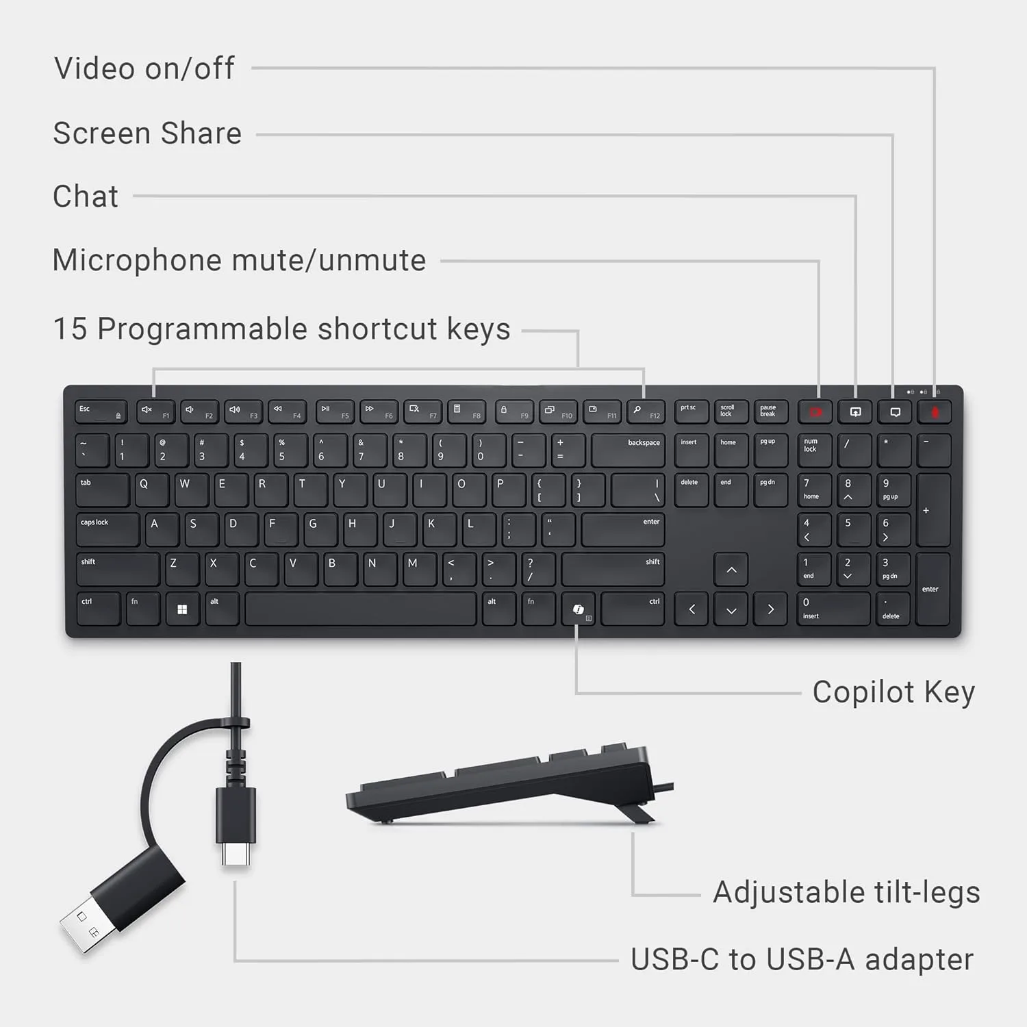 Dell KB525C Wired Collaboration Keyboard - USB-C & USB-A Versatile connectivity, 15 Programmable Shortcuts Keys