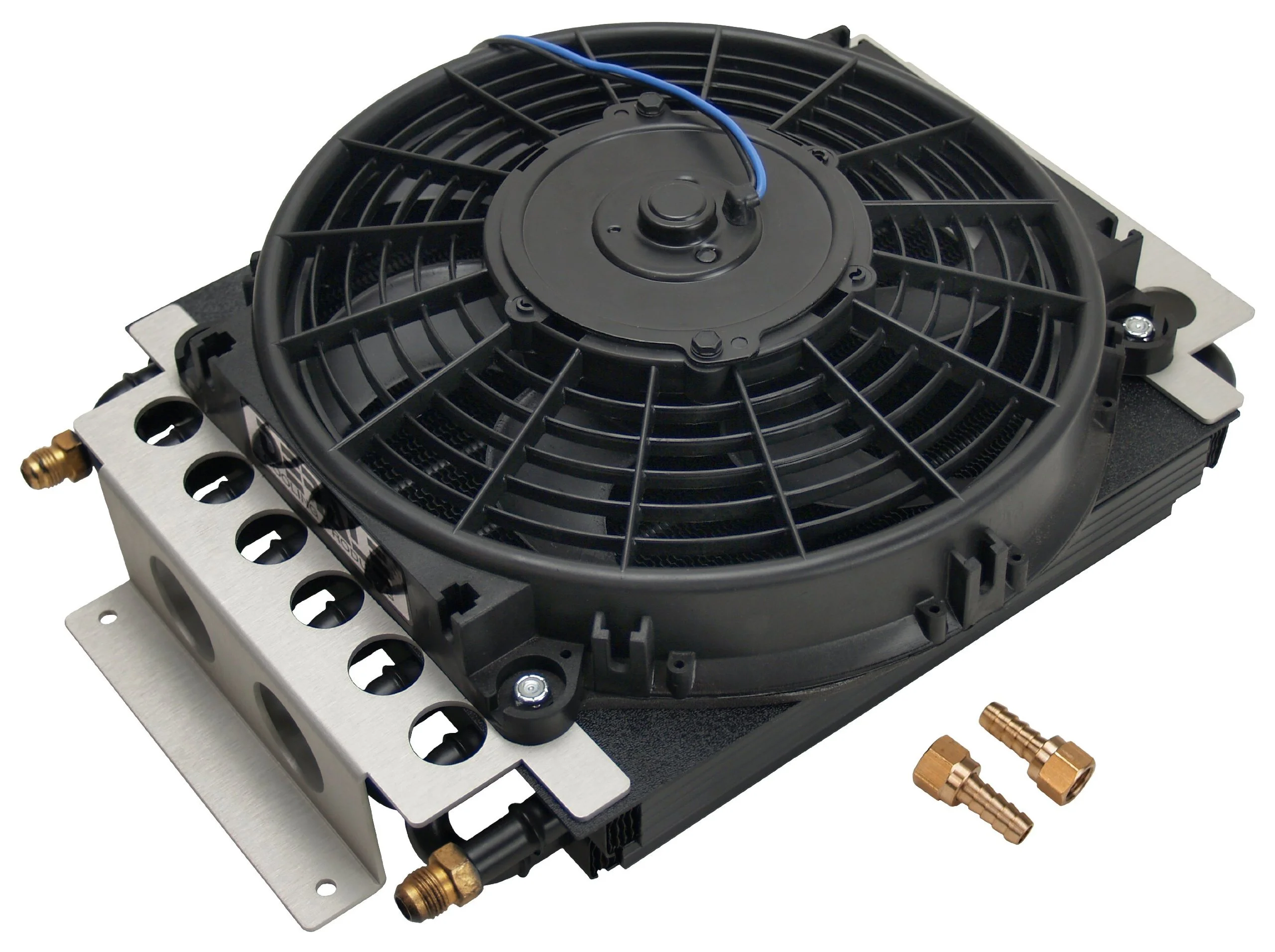 Fluid Cooler and Fan, 15-3/4 x 11-1/2 x 5 in, Tube Type, 6 AN Male Inlet/Outlet, Fittings, Aluminum/Copper, Black Powder Coat, Universal, Each