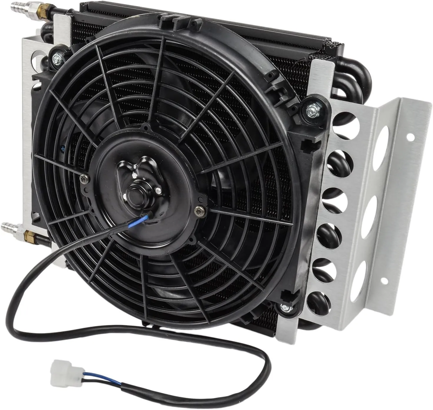 Fluid Cooler and Fan, 15-3/4 x 11-1/2 x 5 in, Tube Type, 6 AN Male Inlet/Outlet, Fittings, Aluminum/Copper, Black Powder Coat, Universal, Each