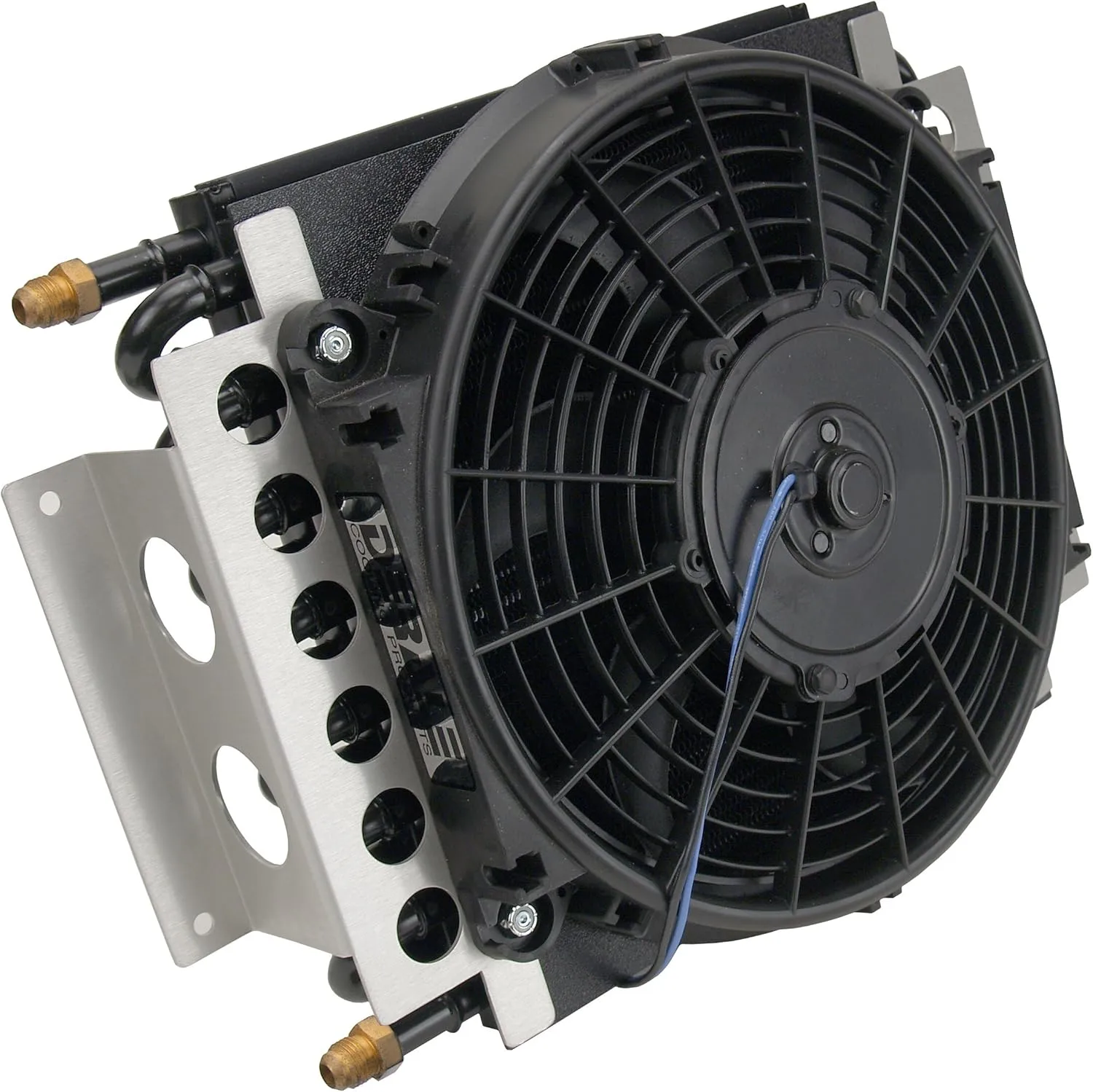 Fluid Cooler and Fan, 15-3/4 x 11-1/2 x 5 in, Tube Type, 6 AN Male Inlet/Outlet, Fittings, Aluminum/Copper, Black Powder Coat, Universal, Each