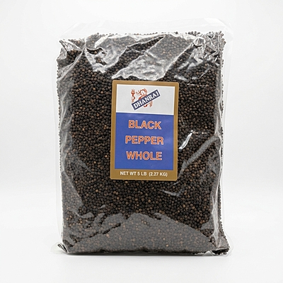 Dhanraj Whole Black Pepper featuring oily, round, and aromatic peppercorns for fresh grinding