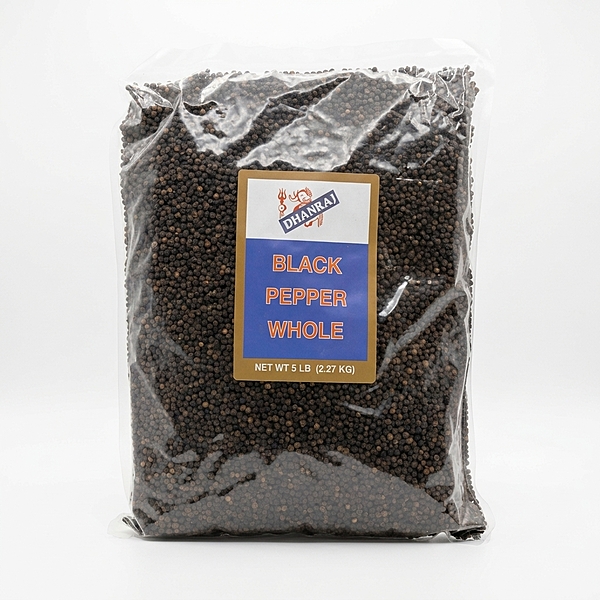 Dhanraj Whole Black Pepper featuring oily, round, and aromatic peppercorns for fresh grinding