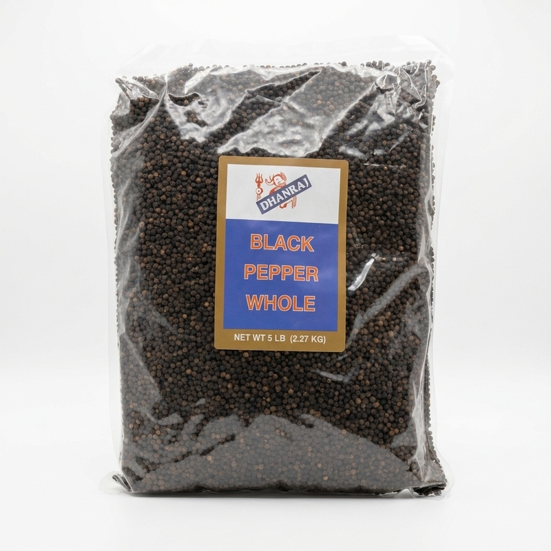Dhanraj Whole Black Pepper featuring oily, round, and aromatic peppercorns for fresh grinding