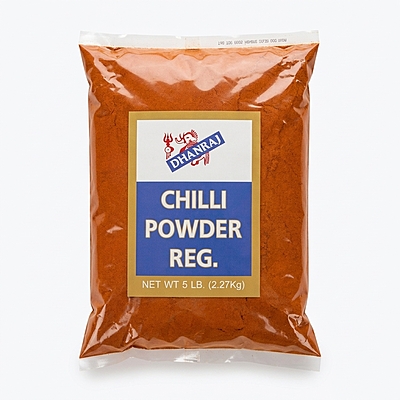 Dhanraj Regular Chili Powder featuring a vibrant red, finely ground spice for daily cooking