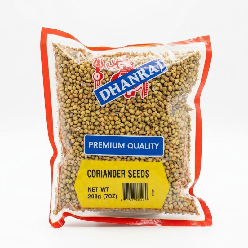Dhanraj Coriander Seeds featuring clean, golden-brown whole seeds for authentic cooking