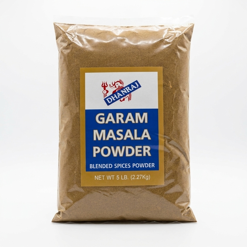 Dhanraj Garam Masala showing a rich, finely ground blend of aromatic Indian spices.