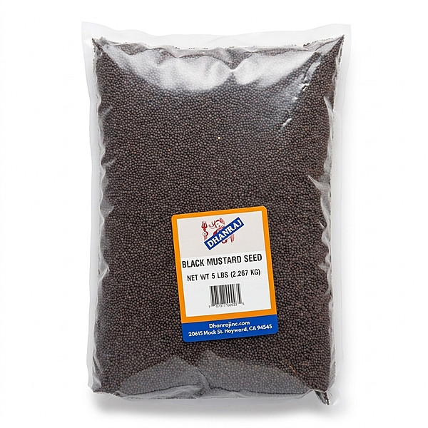 Dhanraj Black Mustard Seeds featuring clean, pungent whole seeds for authentic tempering