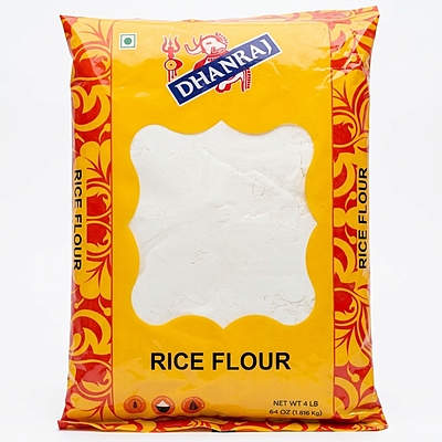 Dhanraj Rice Flour, finely ground powder ideal for gluten-free baking and South Indian snacks.