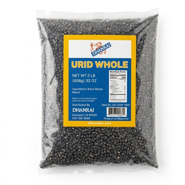 4lb bag of Dhanraj Urid Dal featuring clean, split white lentils for authentic Indian cooking.