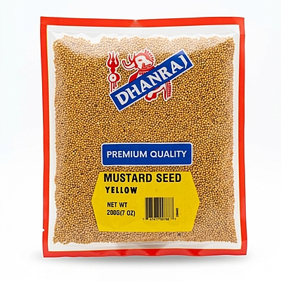 200gm Dhanraj Yellow Mustard Seeds; vibrant golden whole seeds for pickling and gourmet cooking