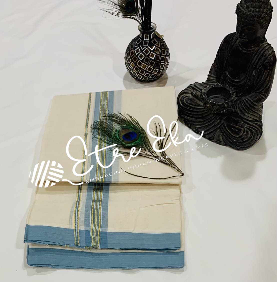 Kerala Handloom Dhoti  from Balaramapuram 100x100 yarn.  Sky Blue and Gold Kara