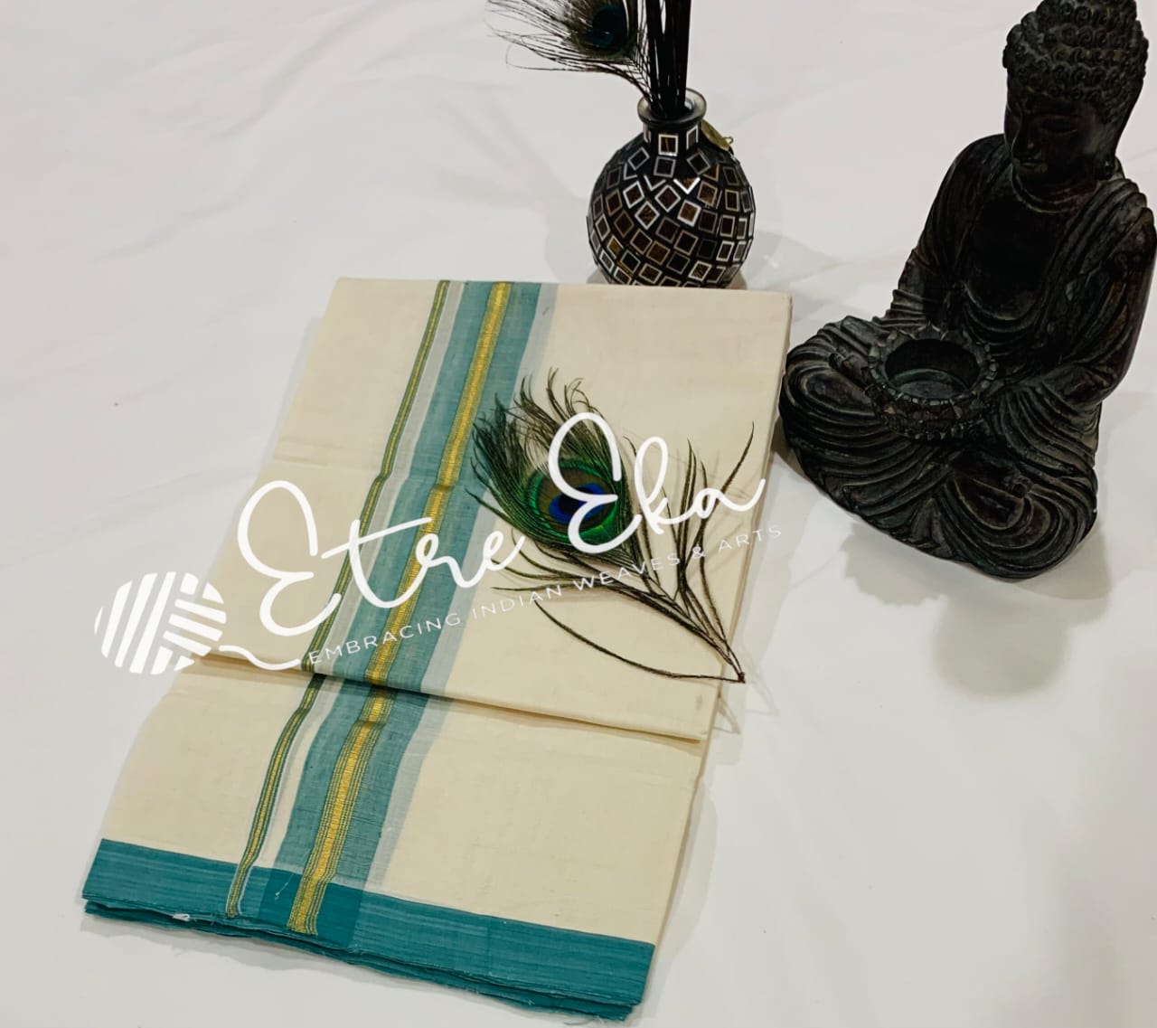 Kerala Handloom Dhoti  from Balaramapuram 100x100 yarn. Light Green and Gold Kara