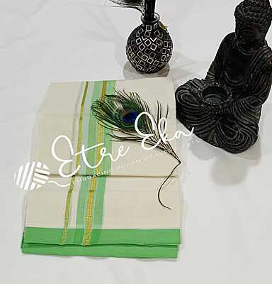 Kerala Handloom Dhotis from Balaramapuram-Bright Green and Gold