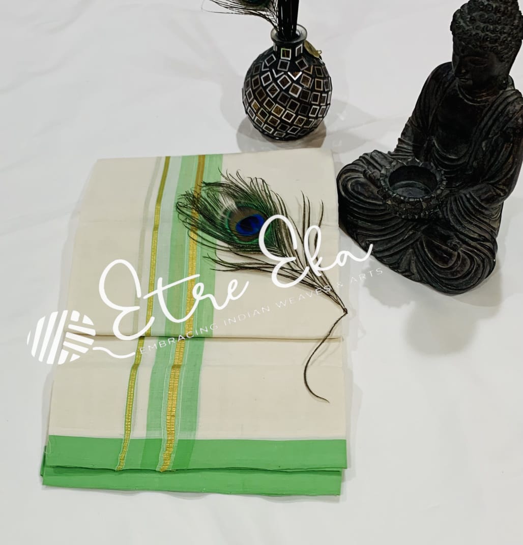 Kerala Handloom Dhotis from Balaramapuram-Bright Green and Gold