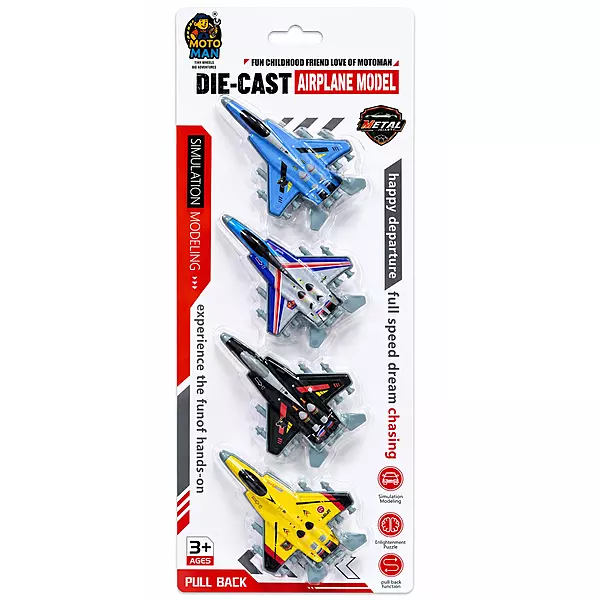 Moto Man Die-Cast Pull Back Airplane Model Set of 4 | Metal Fighter Jet Toys for Kids