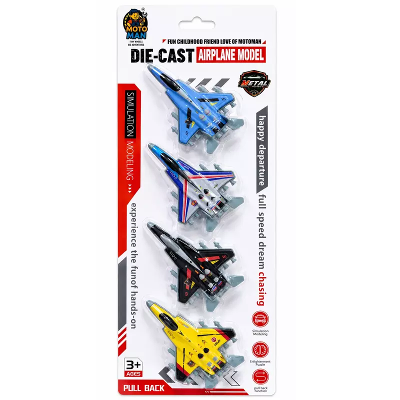 Moto Man Die-Cast Pull Back Airplane Model Set of 4 | Metal Fighter Jet Toys for Kids
