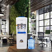 Top-loading water bottle being installed in an Atlantis Blue Hot and Cold Water Dispenser. Top-loading water bottle being installed in an Atlantis Blue Hot and Cold Water Dispenser.