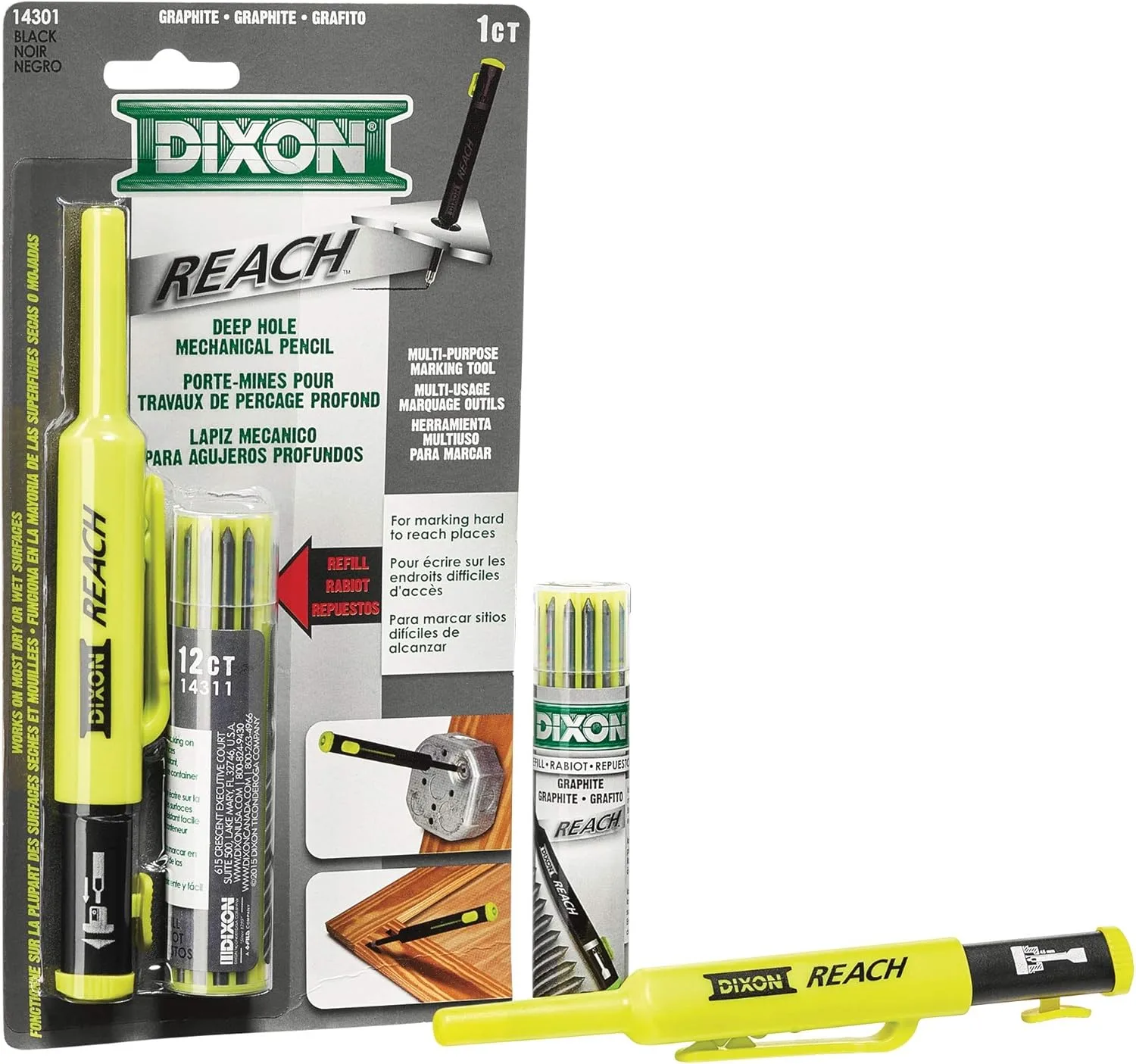 Dixon Industrial REACH- Deep Hole Mechanical Pencil with Lead Refills included, Yellow (14301)