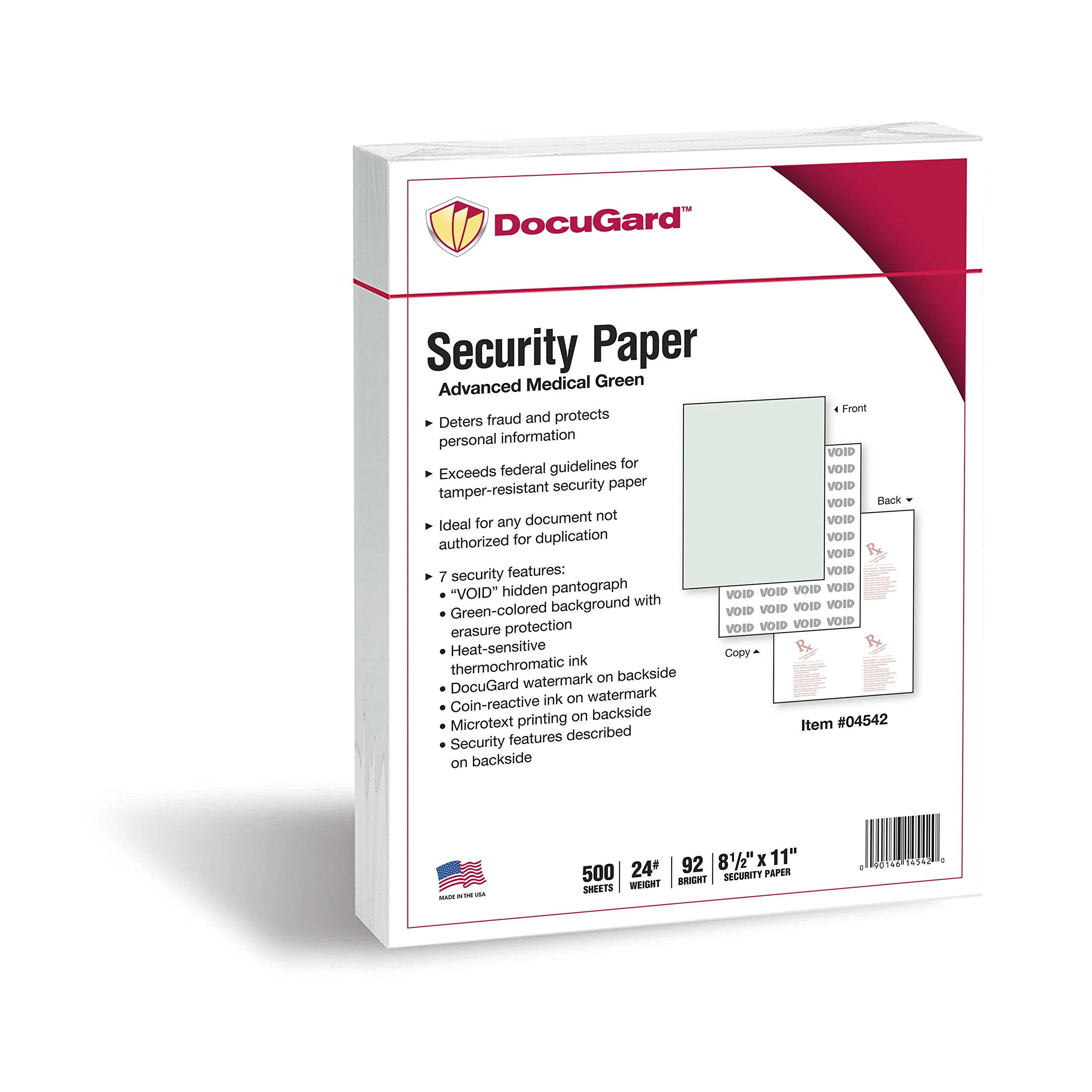 DocuGard Medical Security Papers, 24 lb Bond, 8.5 x 11, Green, 500 Sheets