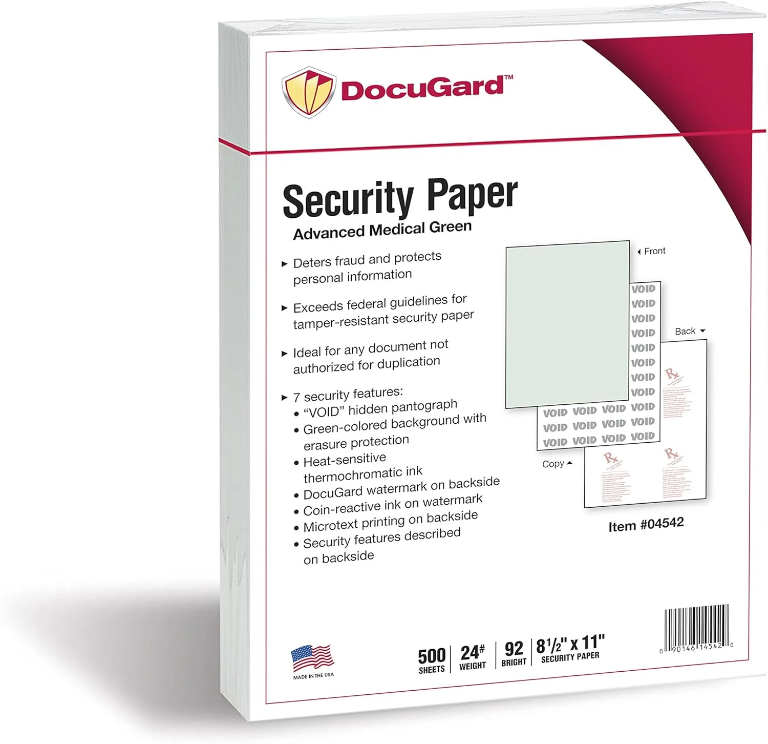 DocuGard Medical Security Papers, 24 lb Bond, 8.5 x 11, Green, 500 Sheets