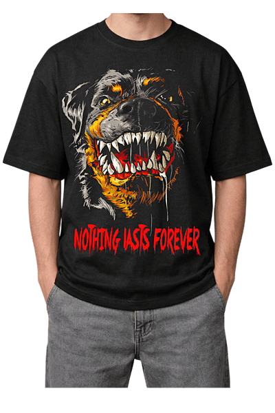 Nothing Lasts Forever" Snarling Dog Print Oversized Mens Black T-Shirt