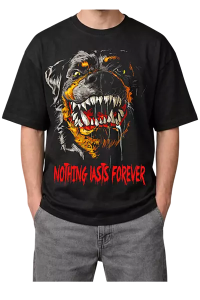 Nothing Lasts Forever" Snarling Dog Print Oversized Mens Black T-Shirt
