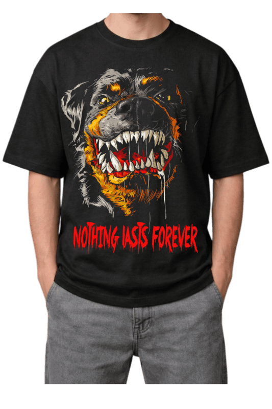 Nothing Lasts Forever" Snarling Dog Print Oversized Mens Black T-Shirt