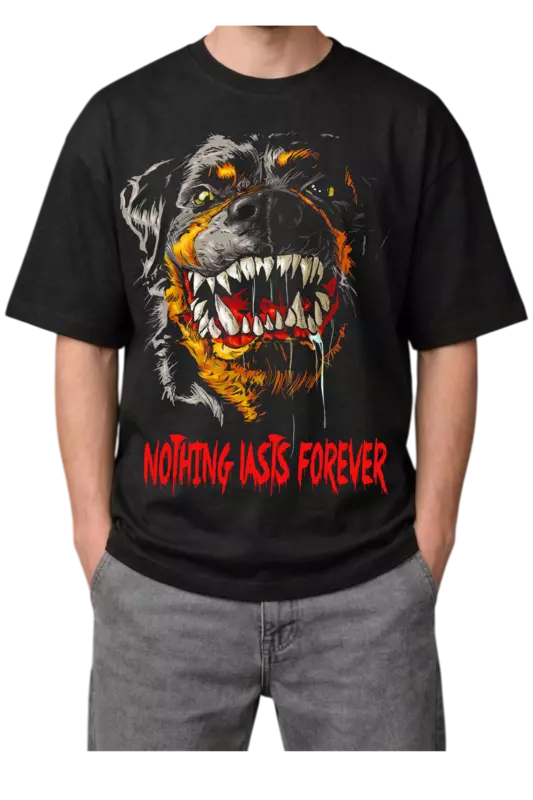 Nothing Lasts Forever" Snarling Dog Print Oversized Mens Black T-Shirt