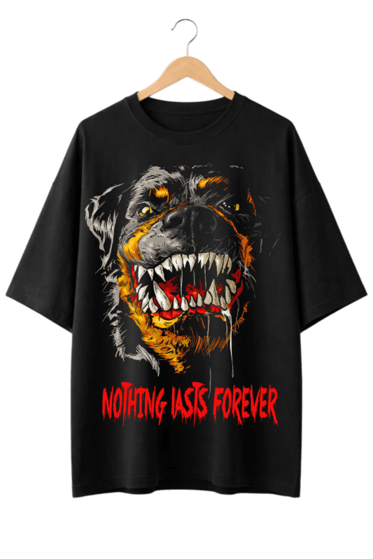 Nothing Lasts Forever" Snarling Dog Print Oversized Mens Black T-Shirt