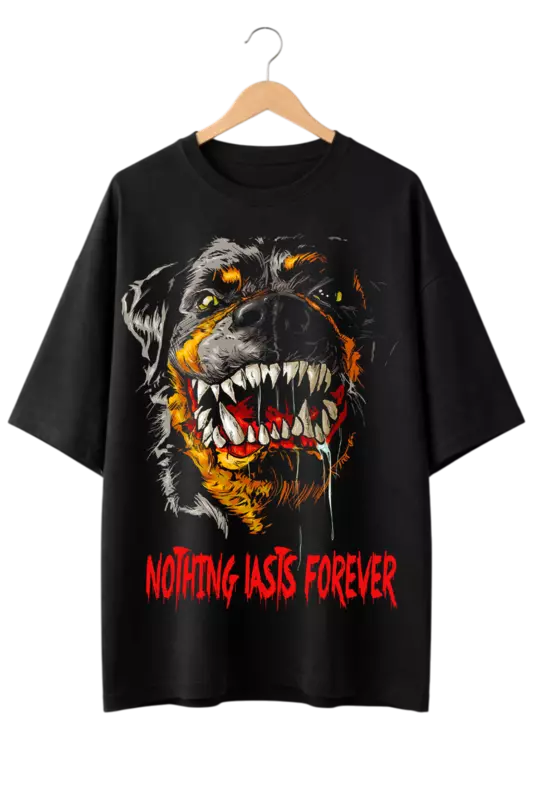Nothing Lasts Forever" Snarling Dog Print Oversized Mens Black T-Shirt