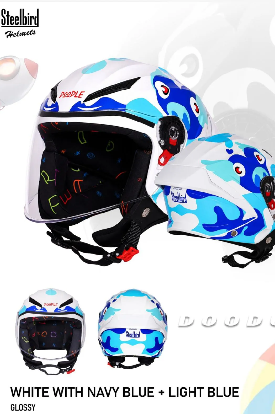 STEELBIRD SBH-77 DOODLE DS-1 GLOSSY WHITE WITH NAVY BLUE/LIGHT BLUE C/V 560 MM STEELBIRD SBH-77 DOODLE DS-1 GLOSSY WHITE WITH NAVY BLUE/LIGHT BLUE C/V 560 MM
