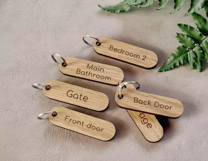 Personalised Wooden Door Key Tags | Solid Oak | Print with Loop
