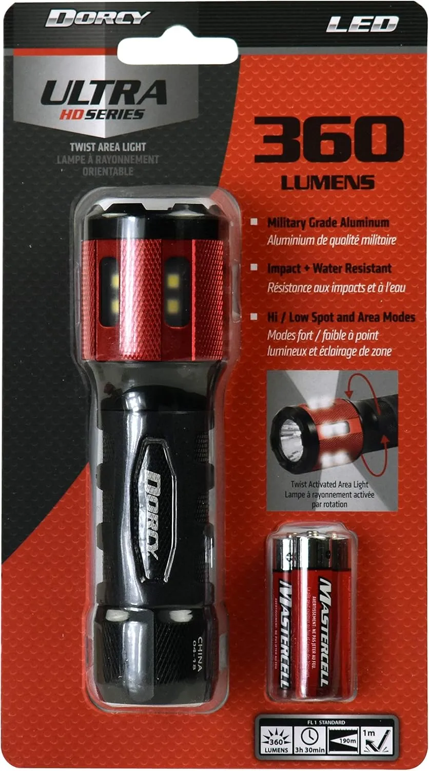 Dorcy Ultra HD Series Twist Flashlight - 360 Lumen, 3 x AAA, Aluminum, Black/Red