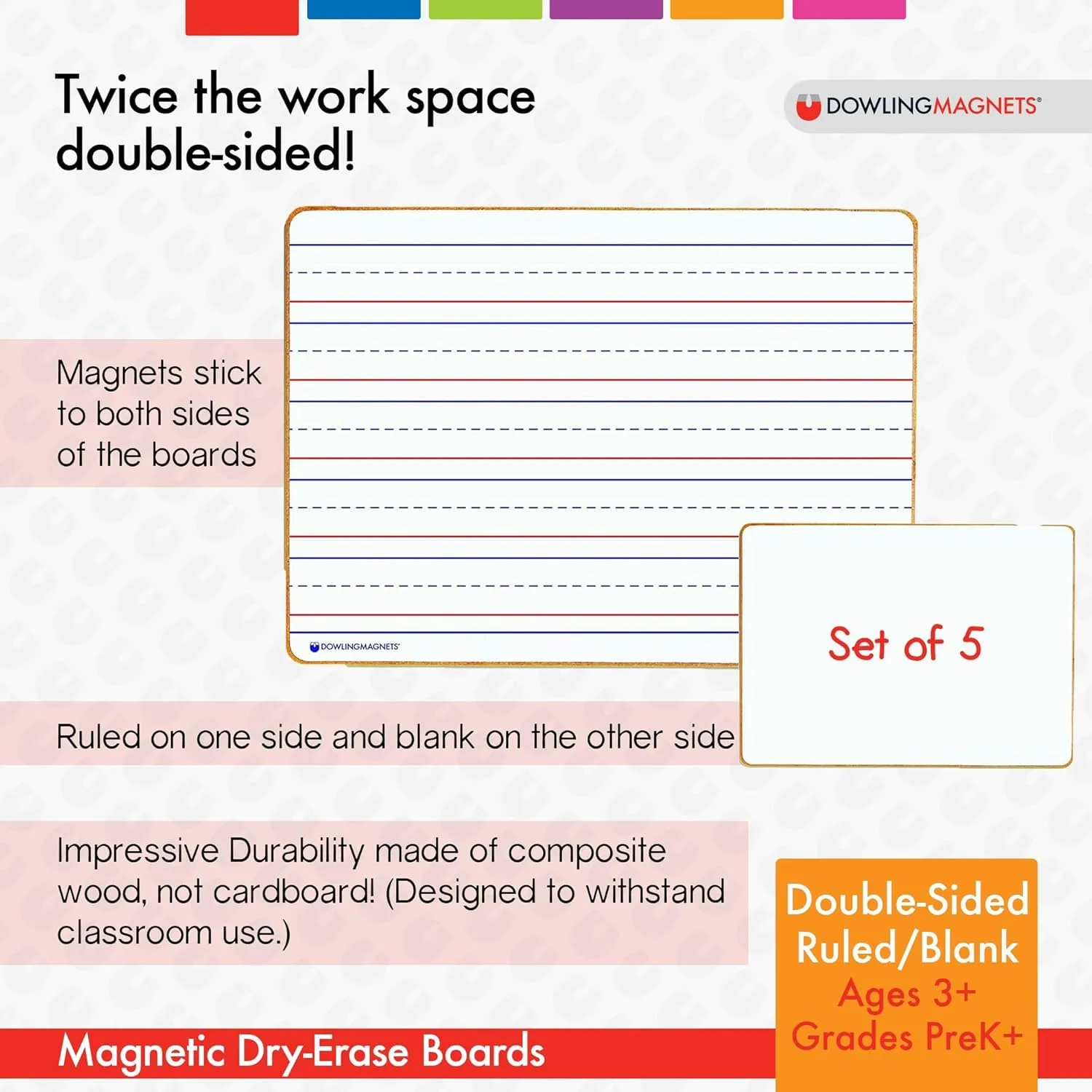 Dowling Magnets Magnetic Dry-Erase Boards – Double-Sided Ruled/Blank – 12" Long x 8.75" Wide – Pack of 5. (735206), White