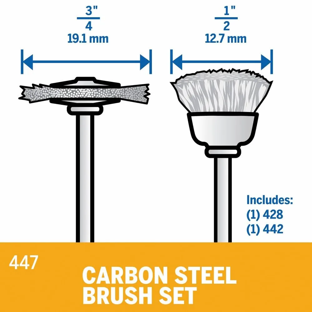 Dremel 447 2-Piece Carbon Steel Brush Set Ideal for Rust and Corrosion Removal on Soft Ferrous Metals Pack of 1