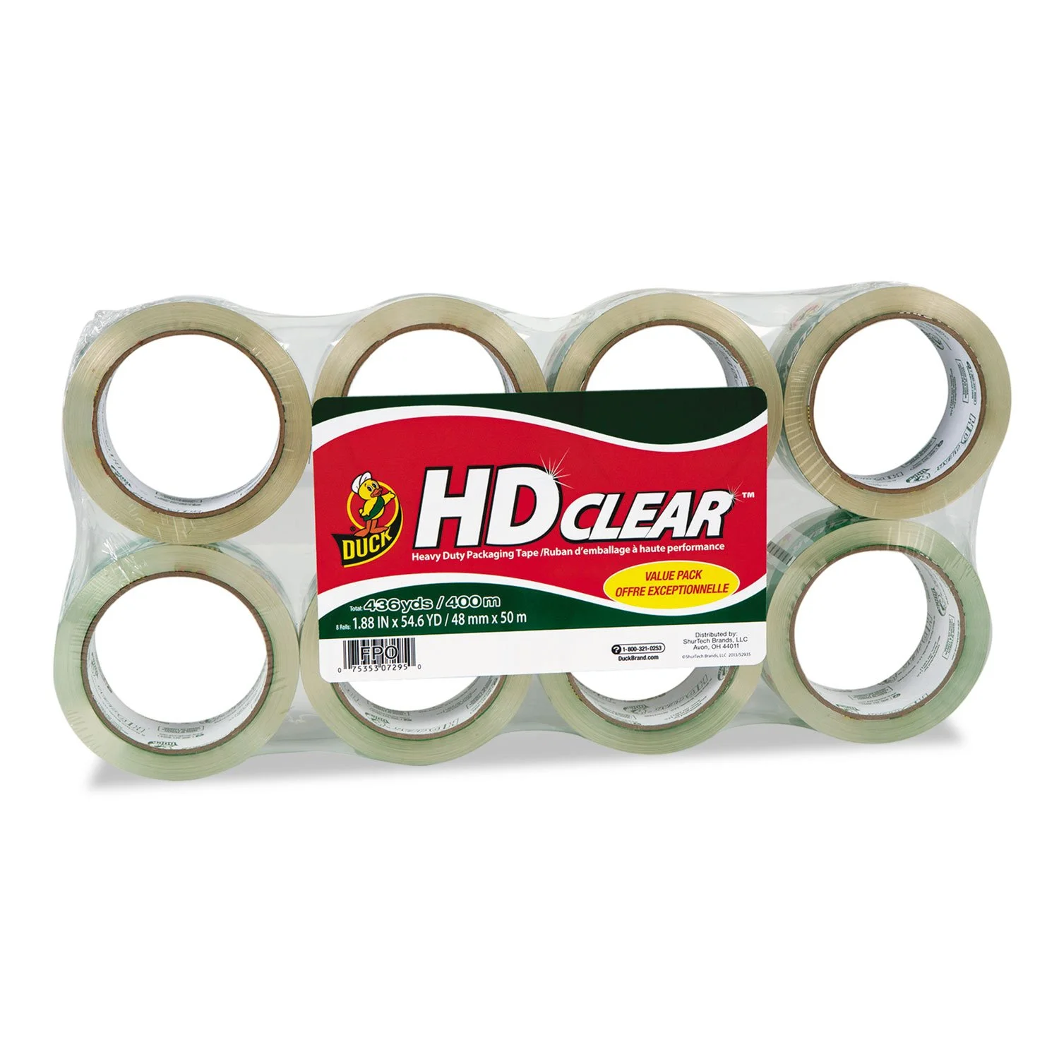 Duck Heavy-Duty Carton Packaging Tape, 1.88 x 55 Yards, Clear, 8-Pack