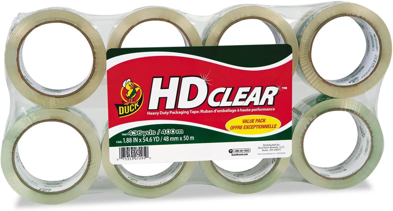 Duck Heavy-Duty Carton Packaging Tape, 1.88 x 55 Yards, Clear, 8-Pack