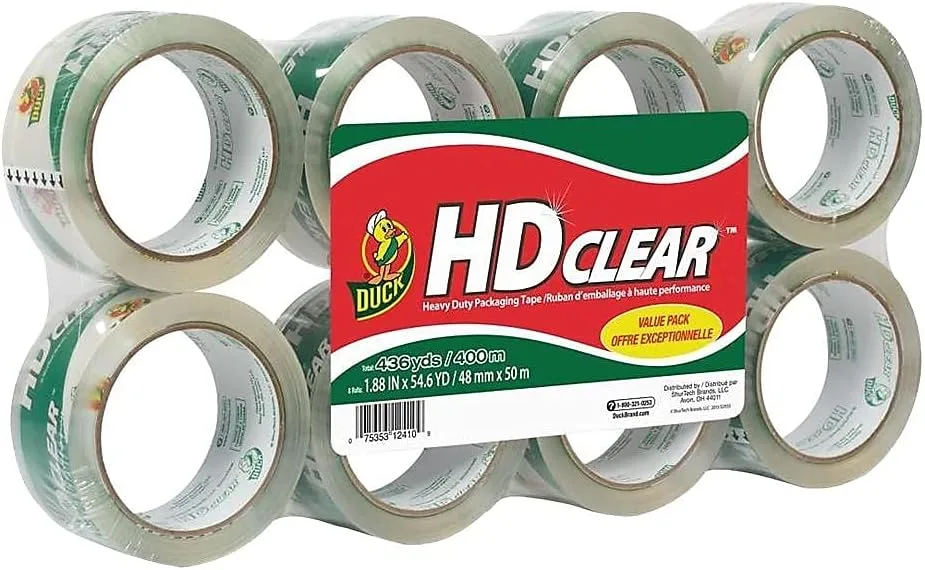 Duck Heavy-Duty Carton Packaging Tape, 1.88 x 55 Yards, Clear, 8-Pack