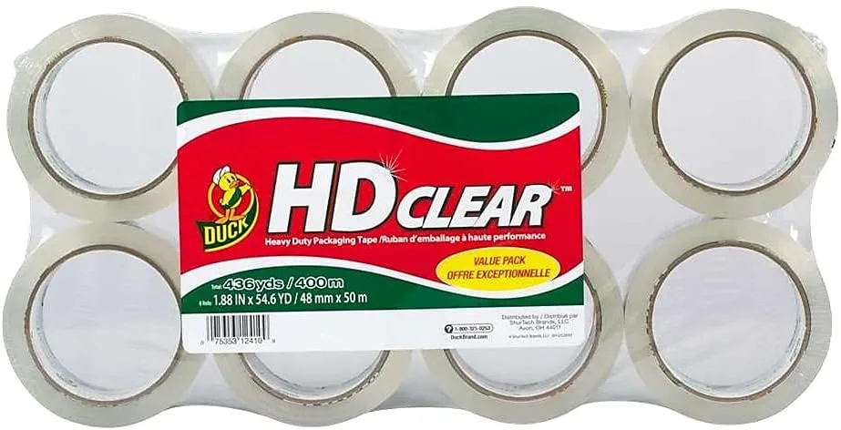 Duck Heavy-Duty Carton Packaging Tape, 1.88 x 55 Yards, Clear, 8-Pack