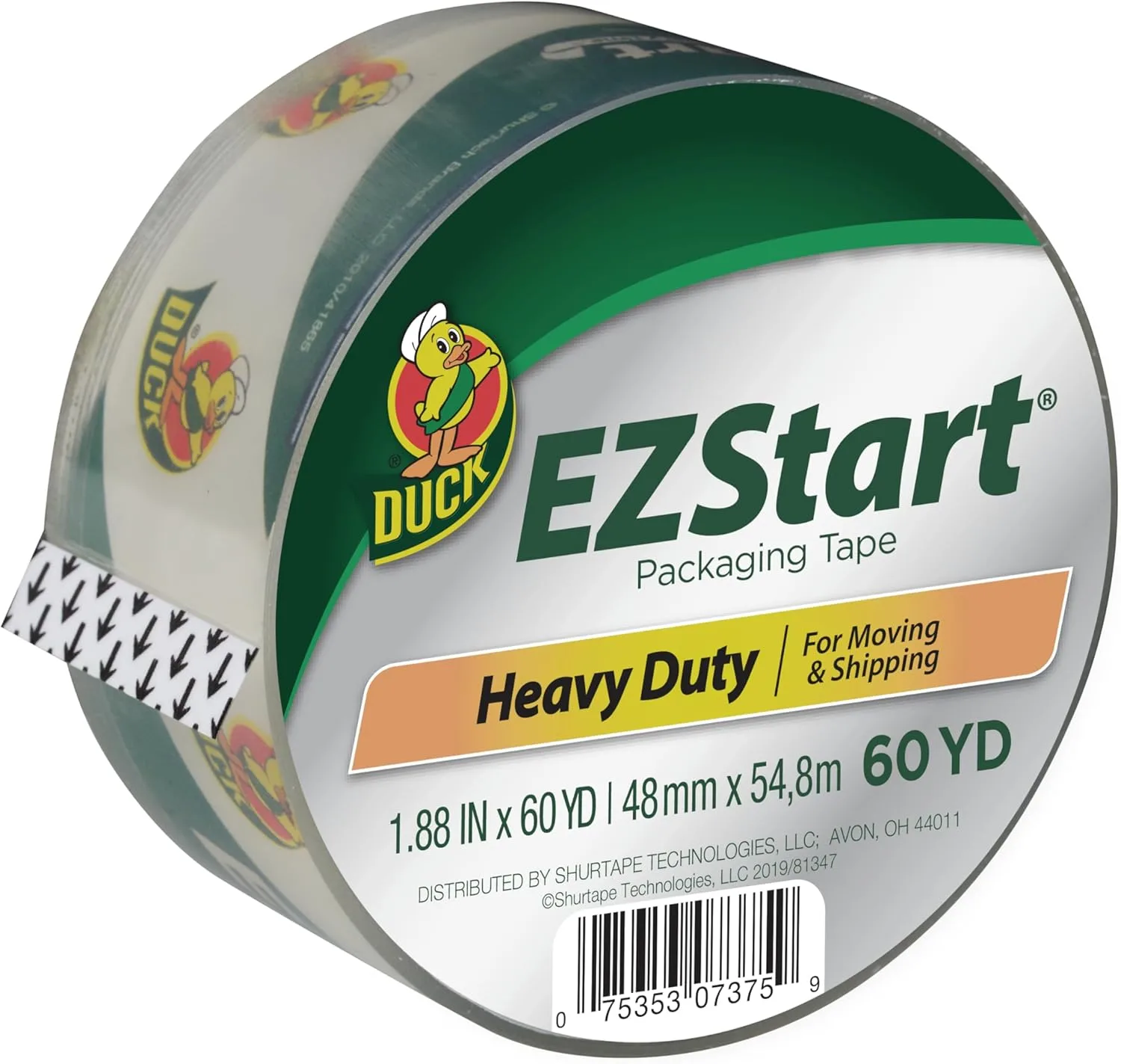 Duck EZ Start Clear Packing Tape - 1.88 in x 60 yd, 3" Core, 1 Roll