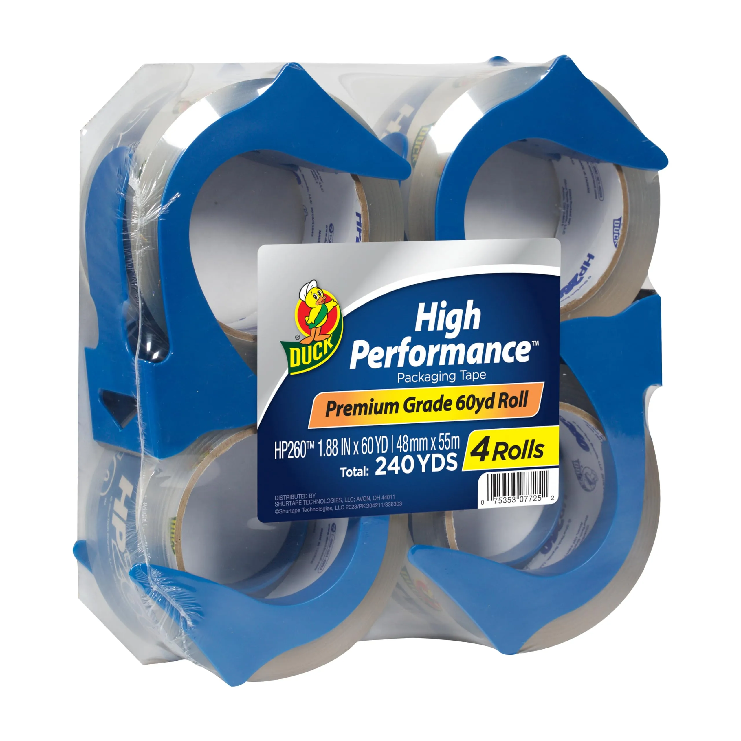 Duck High Performance Clear Packing Tape Dispensers - 4 Rolls of HP260 Strong Packaging Tape for Shipping, Moving, Mailing & Storage Boxes - 3" Core, 1.88 Inch x 60 Yards, Clear (847667)