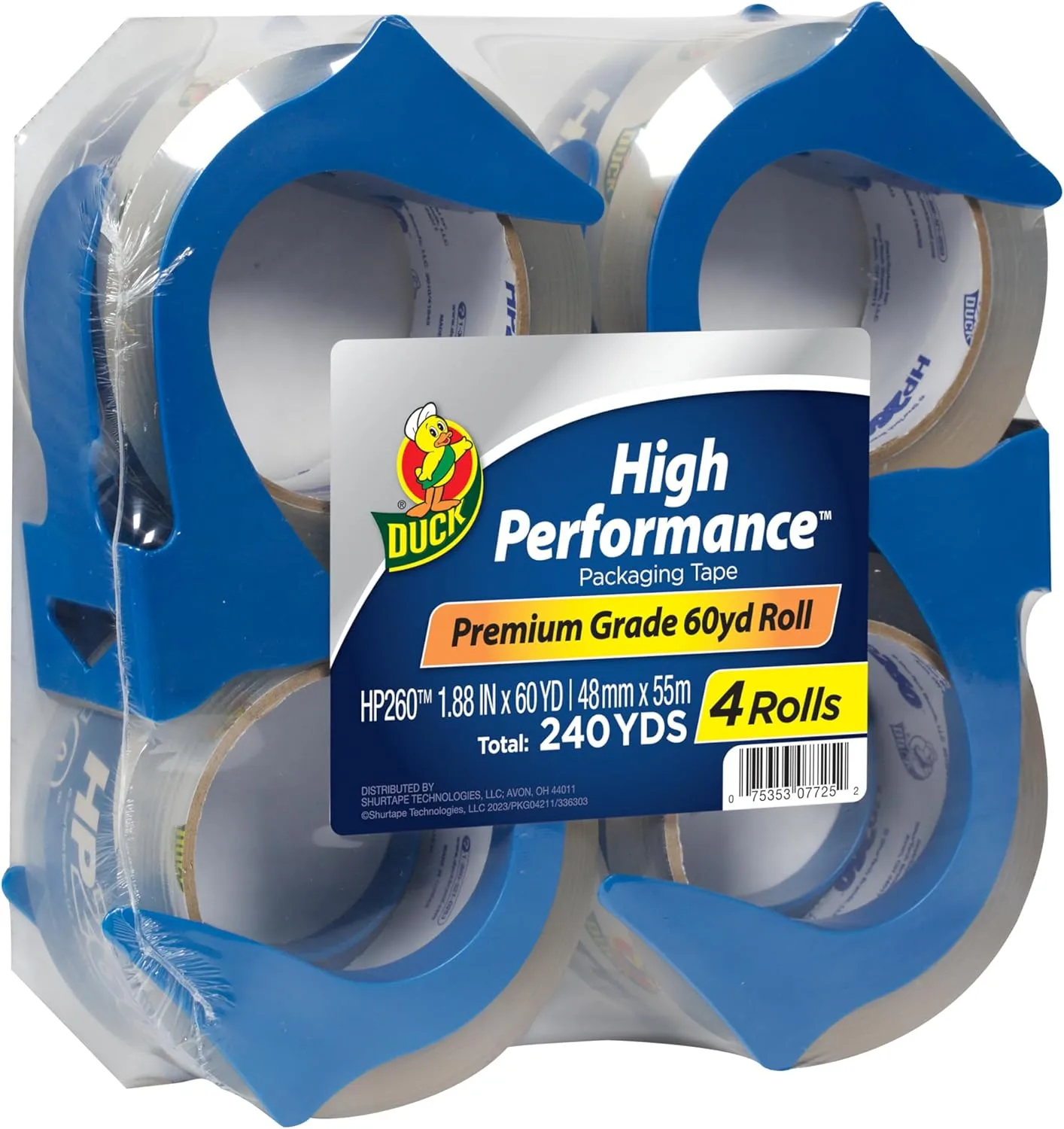 Duck High Performance Clear Packing Tape Dispensers - 4 Rolls of HP260 Strong Packaging Tape for Shipping, Moving, Mailing & Storage Boxes - 3" Core, 1.88 Inch x 60 Yards, Clear (847667)