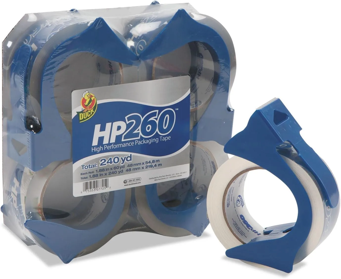 Duck High Performance Clear Packing Tape Dispensers - 4 Rolls of HP260 Strong Packaging Tape for Shipping, Moving, Mailing & Storage Boxes - 3" Core, 1.88 Inch x 60 Yards, Clear (847667)