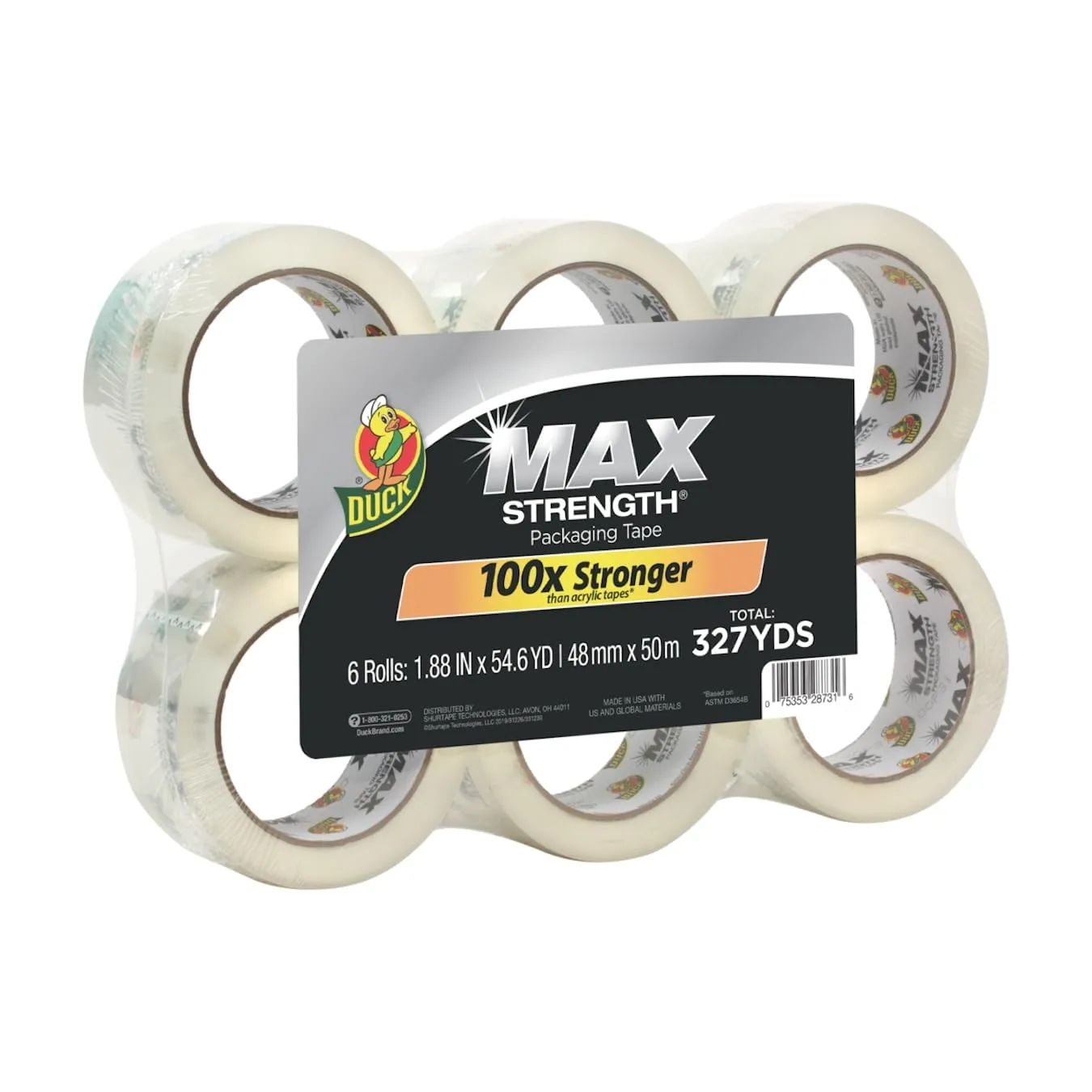 Duck Max Strength Clear Packing Tape - 1.88 in x 54.6 yd - 6 Rolls